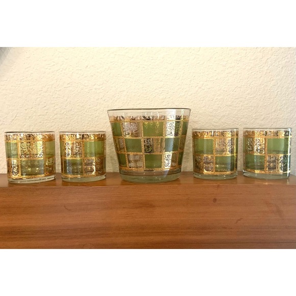 Vtg 60s Culver Prado Green & Gold 22 k Lowball Glasses (4) and Ice Bucket Set - Picture 3 of 11